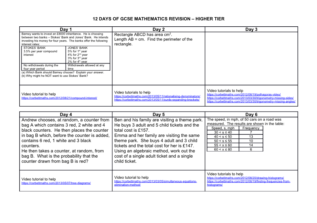 12 Days of Gcse Mathematics Revision Higher Tier