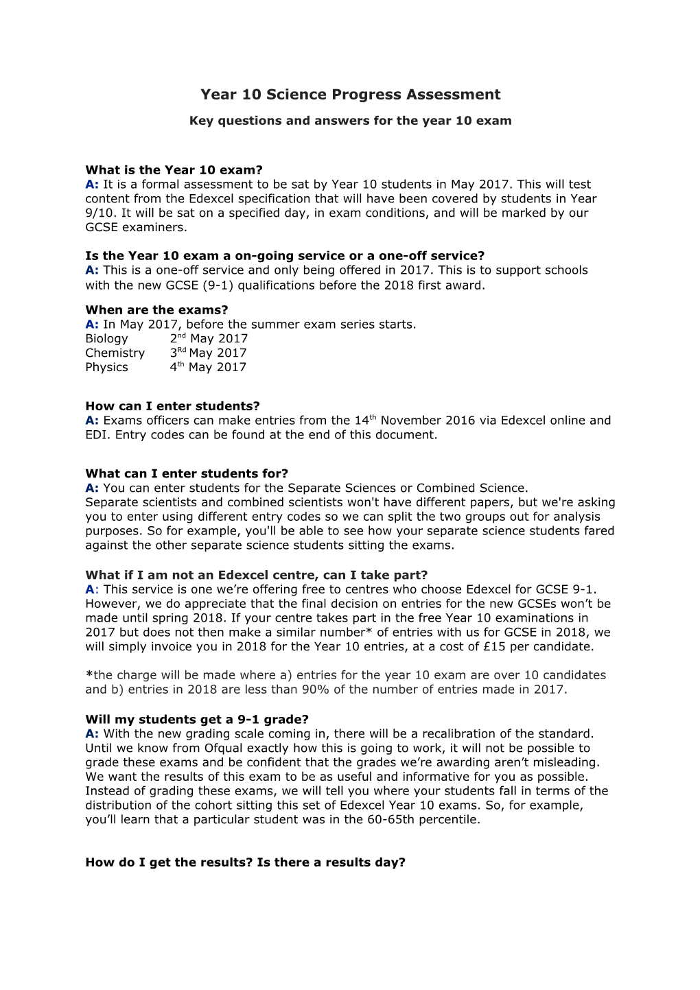 Key Questions and Answers for the Year 10 Exam