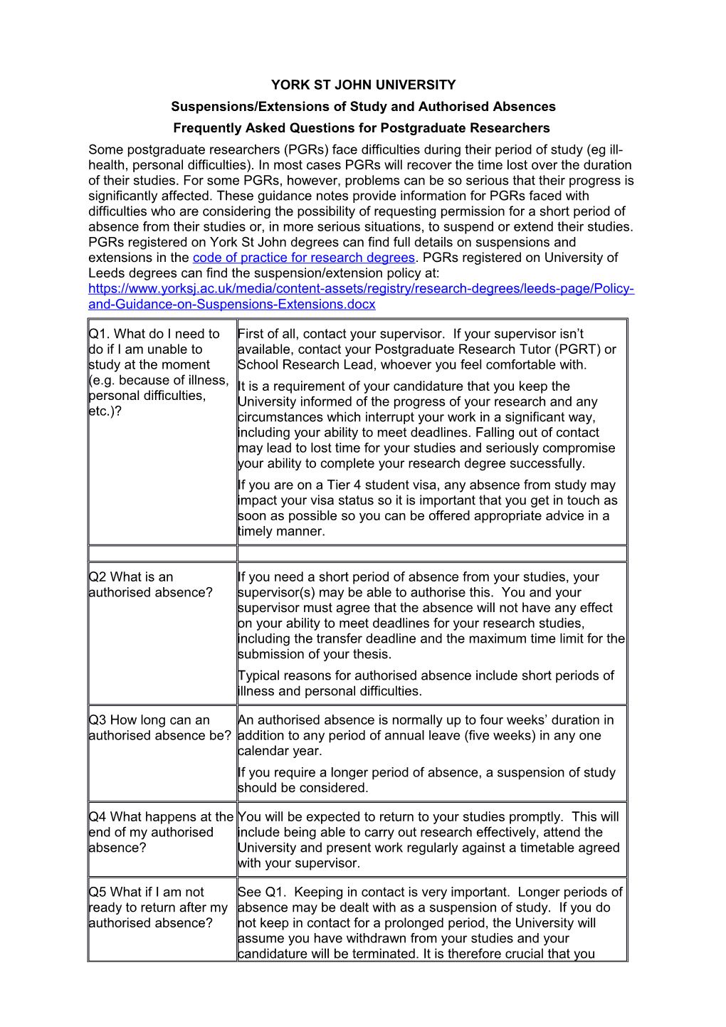 Suspensions/Extensions of Study and Authorised Absences