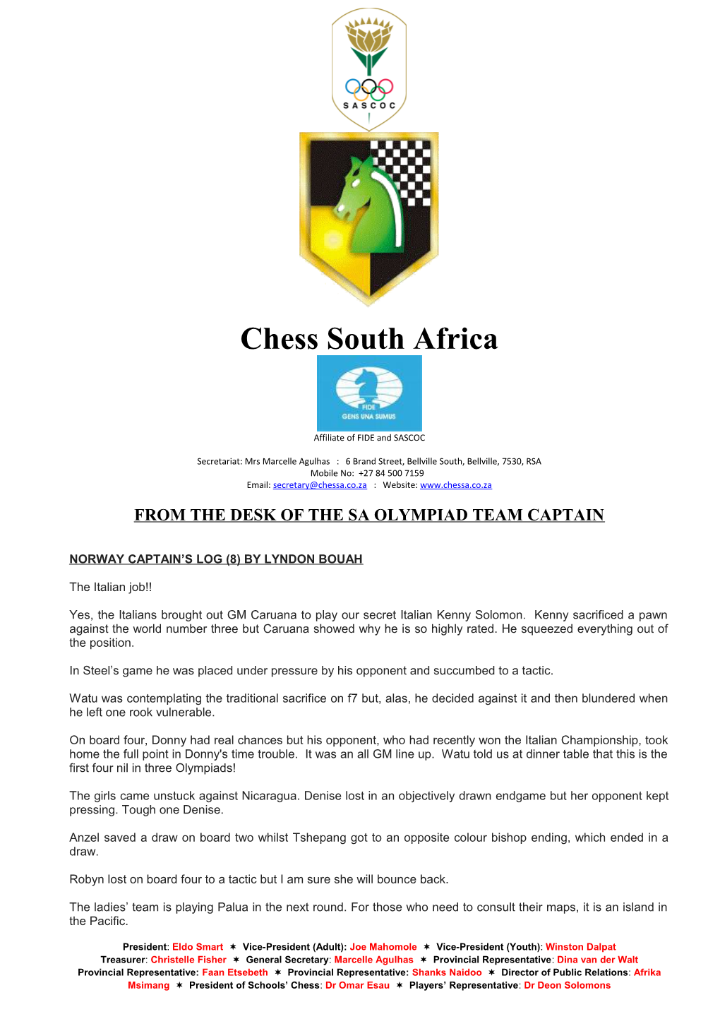 From the Desk of the Sa Olympiad Team Captain