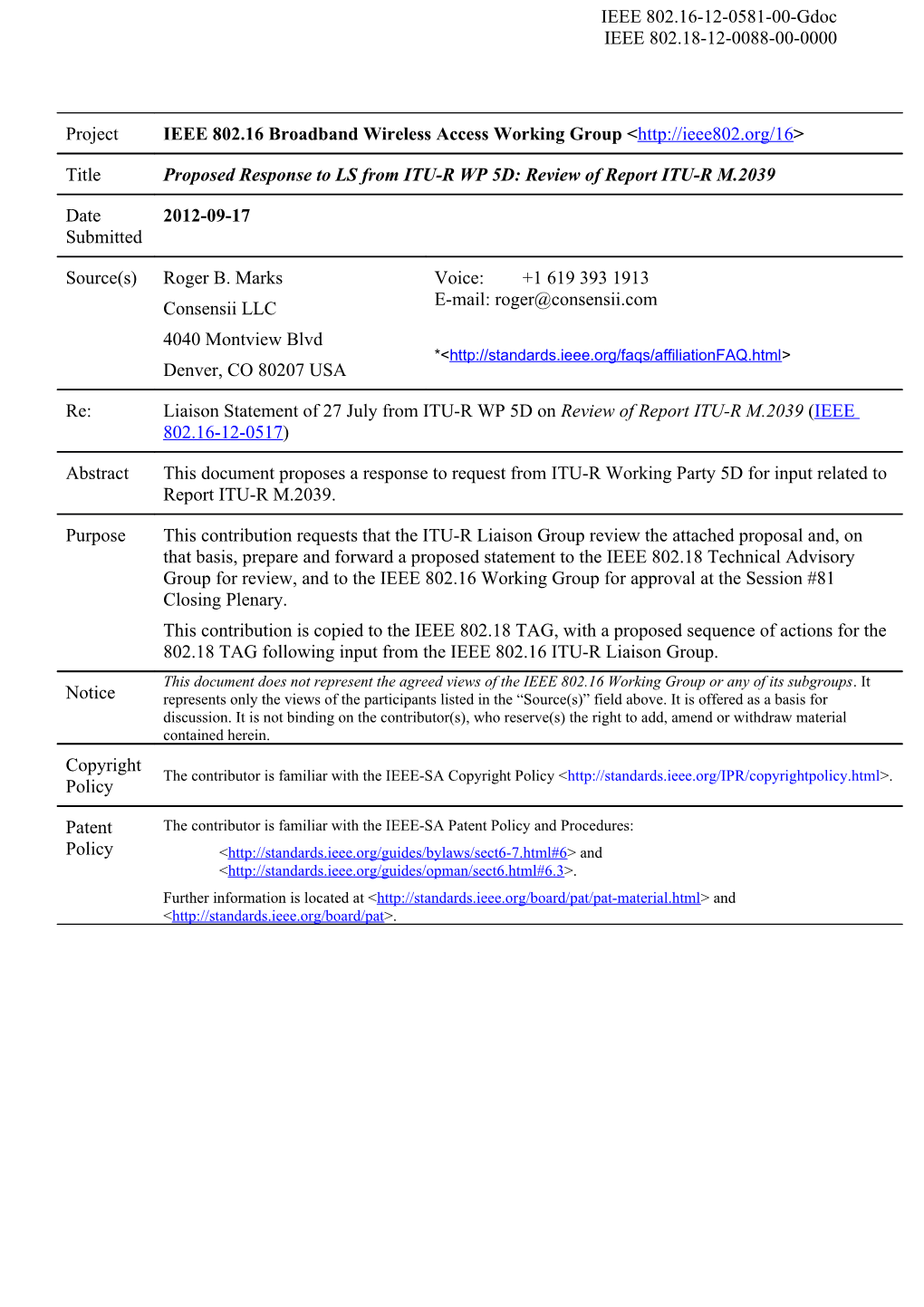 Proposed Response to LS from ITU-R WP 5D