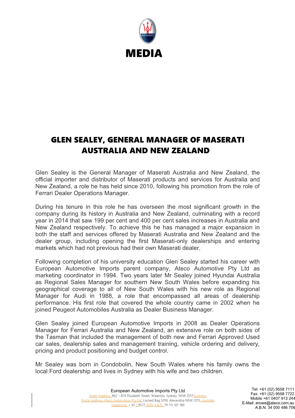 Glen Sealey, General Manager of Maserati Australia and New Zealand