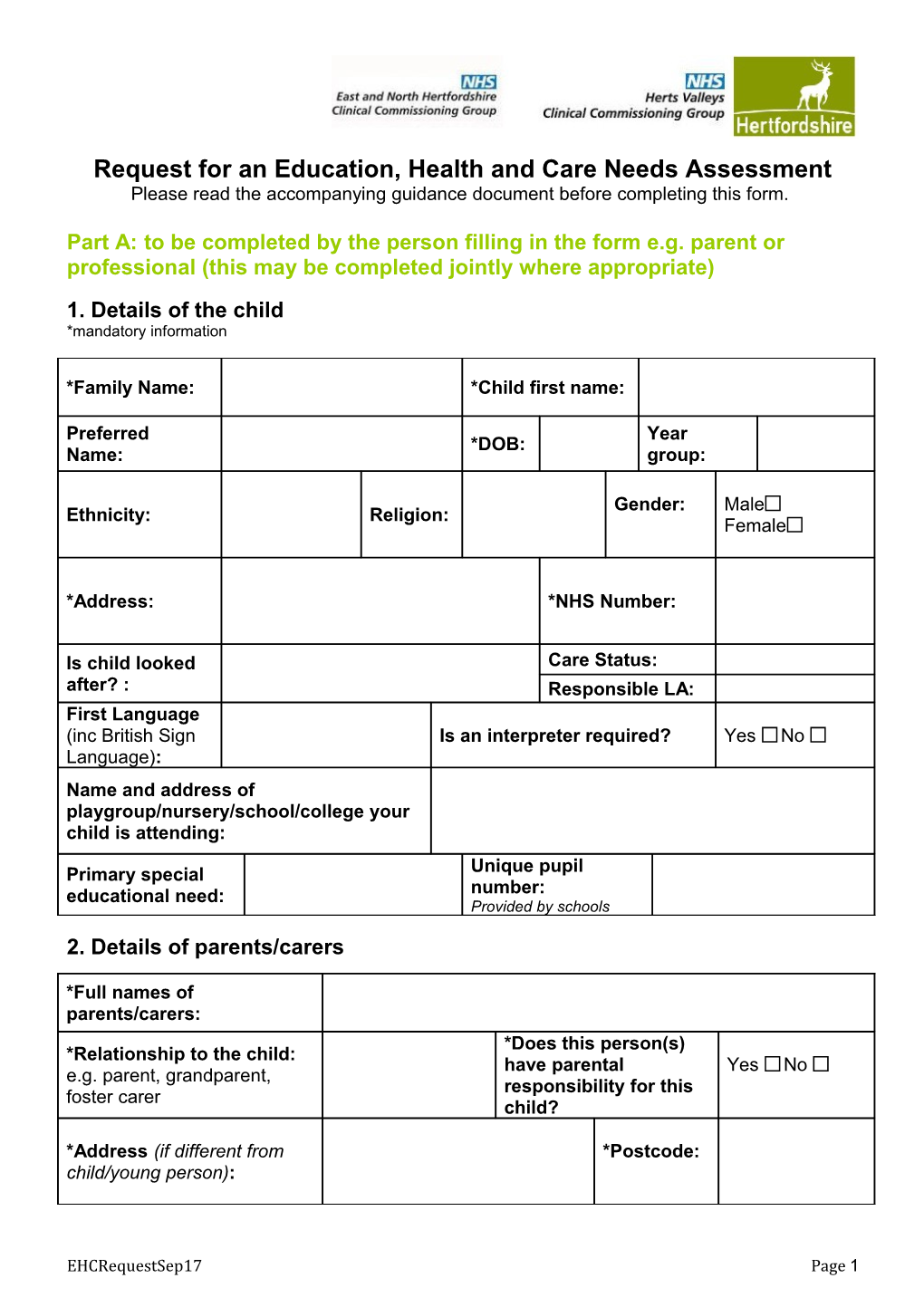 Request for an Education, Health and Care Needs Assessment