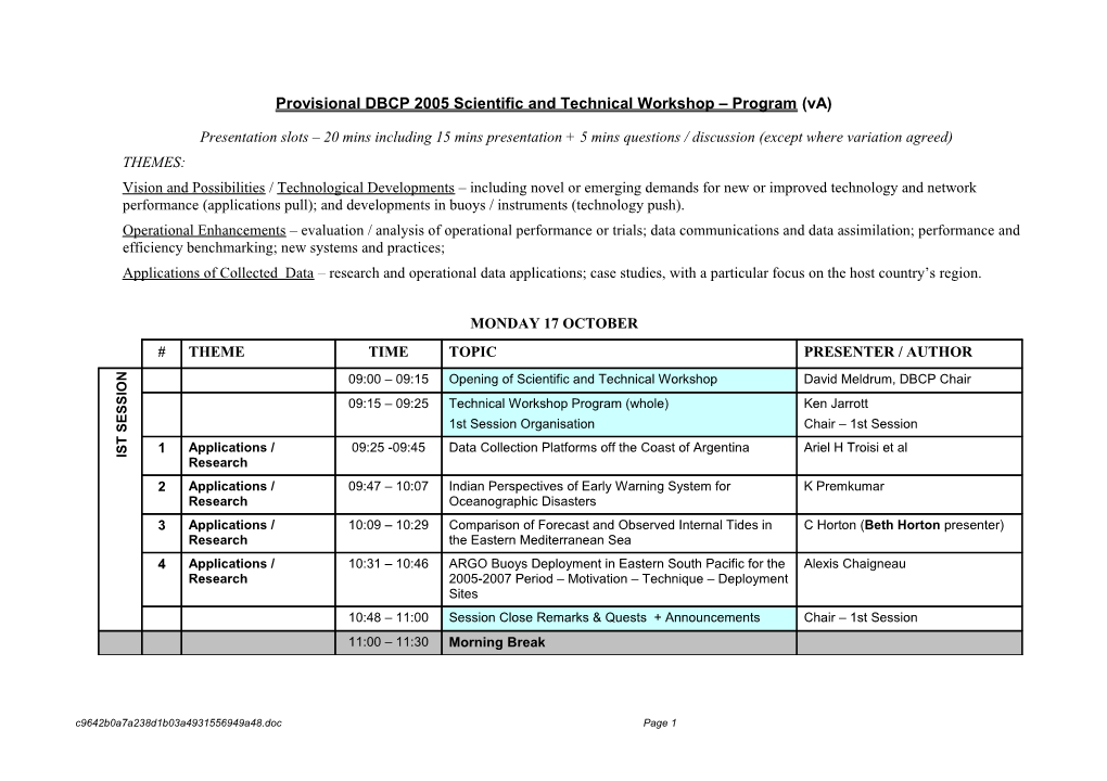 JTA 2004 Technical Workshop Schedule