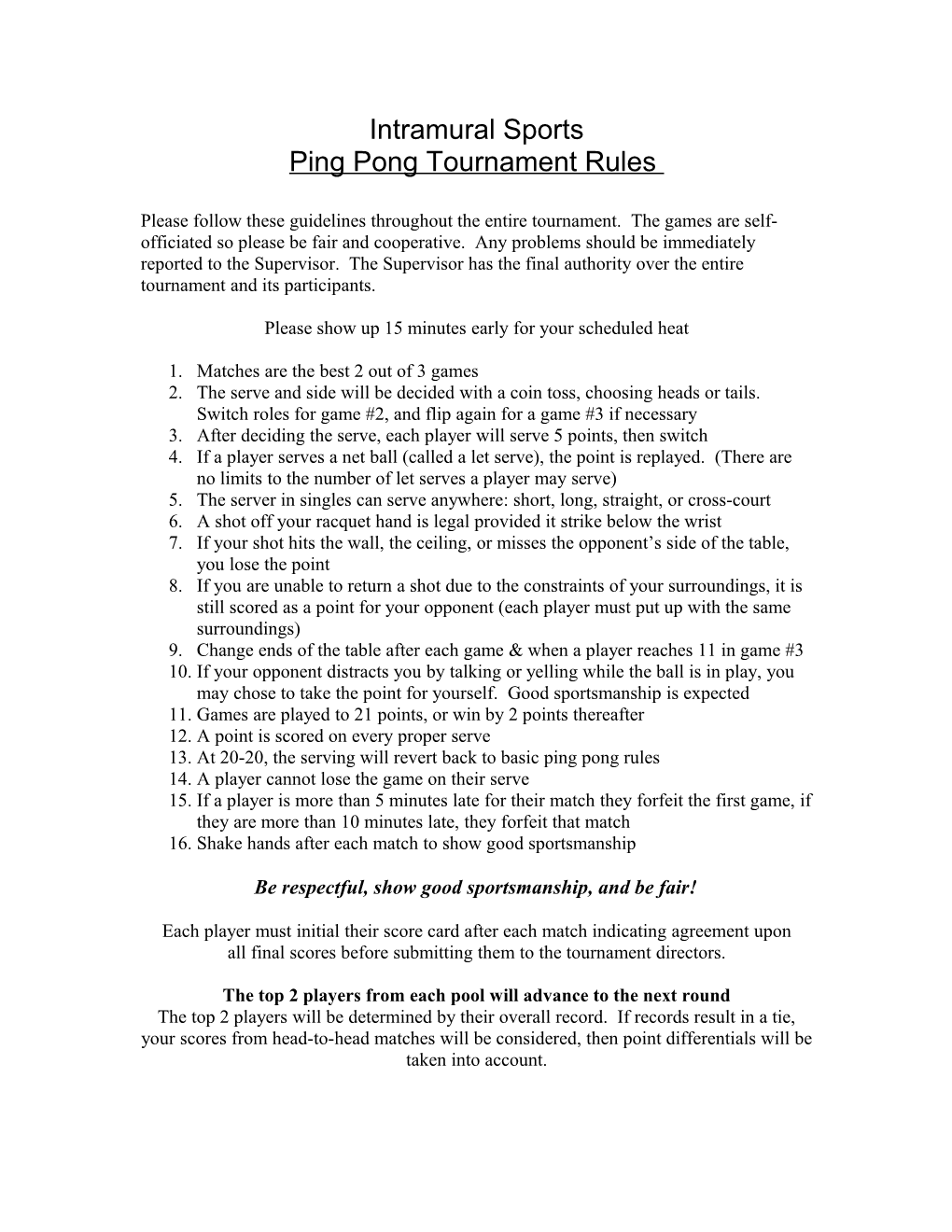 Ping Pong Tournament Rules