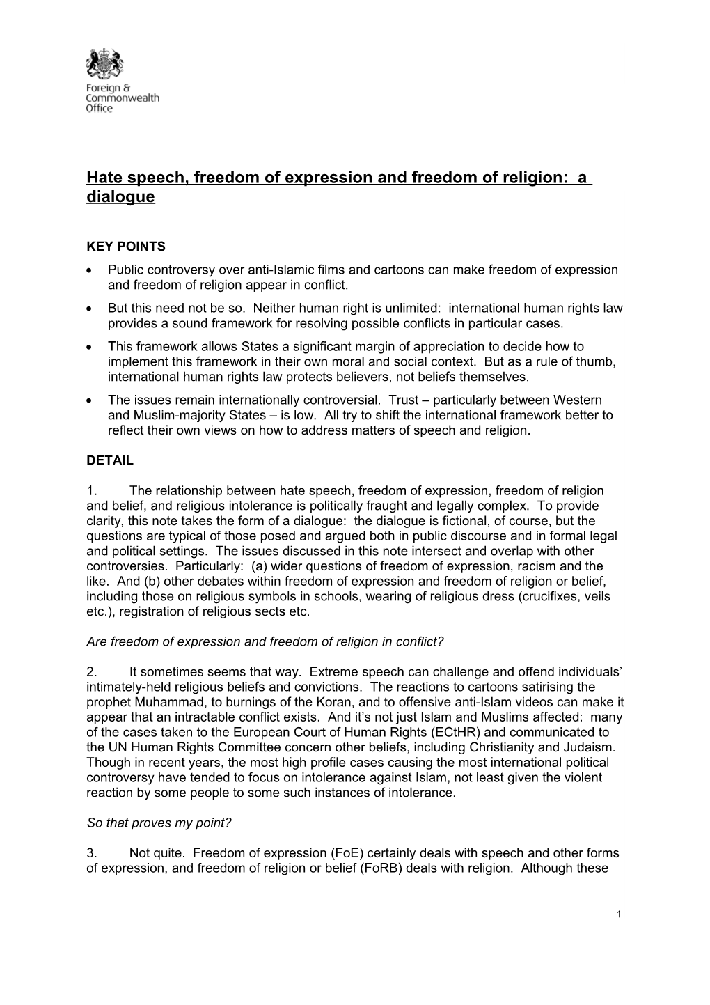 Hate Speech, Freedom of Expression and Freedom of Religion