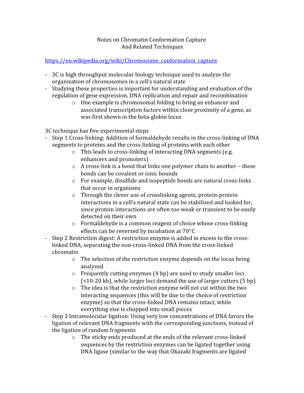 Notes on Chromatin Conformation Capture