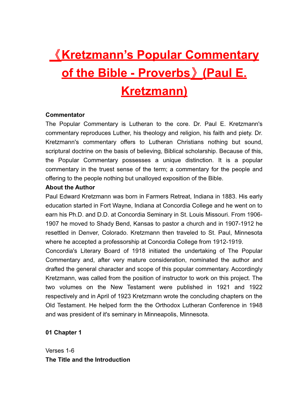 Kretzmann S Popularcommentary of the Bible-Proverbs (Paul E. Kretzmann)