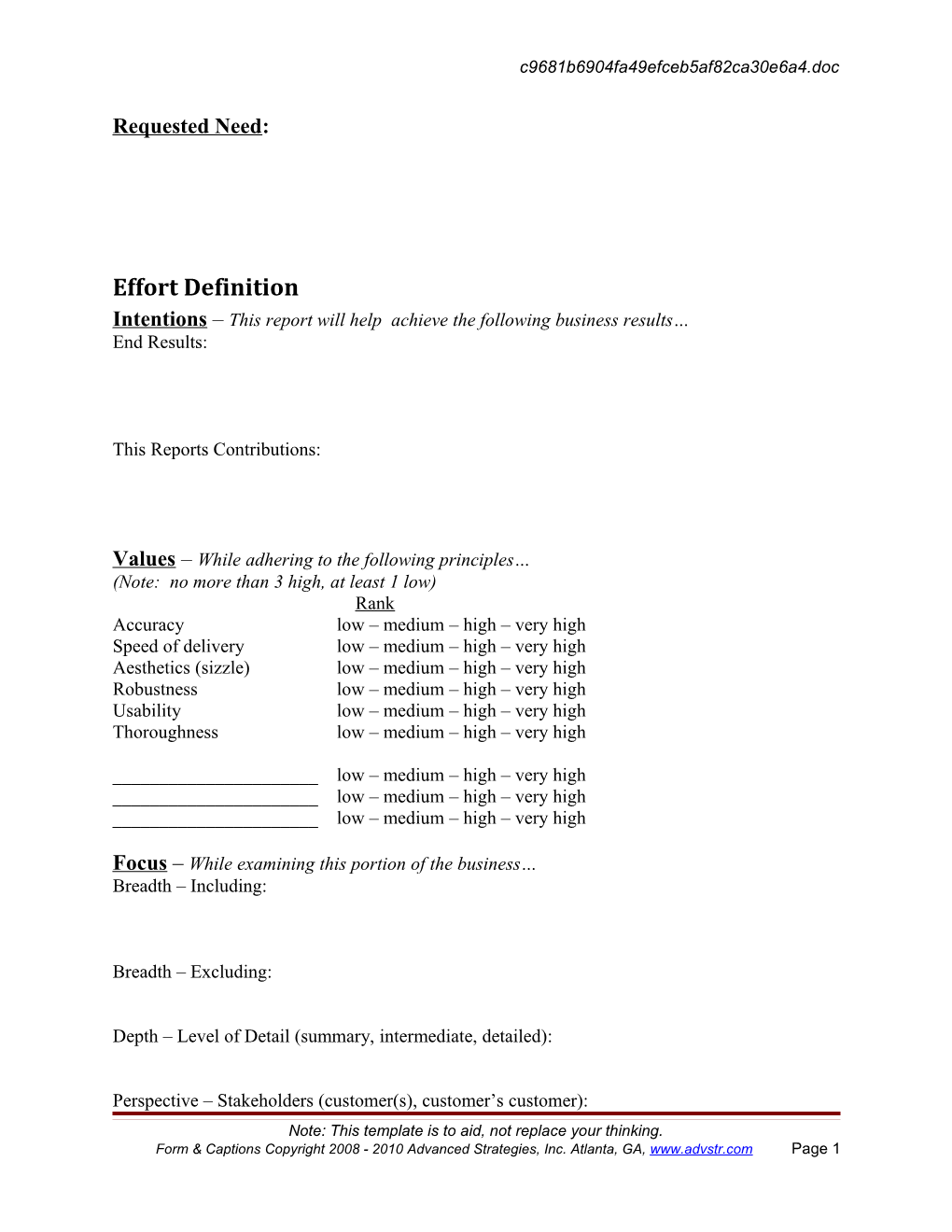 Napkin Report Study Phase Specification Template