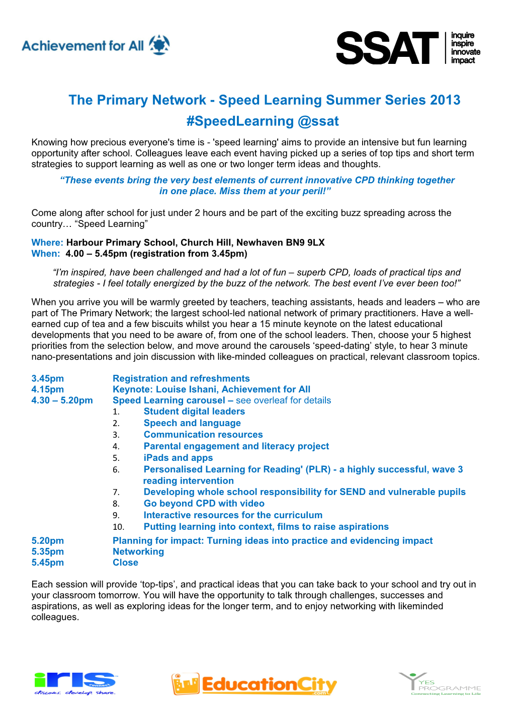 Harbour Primary Speed Learning Agenda 22 May