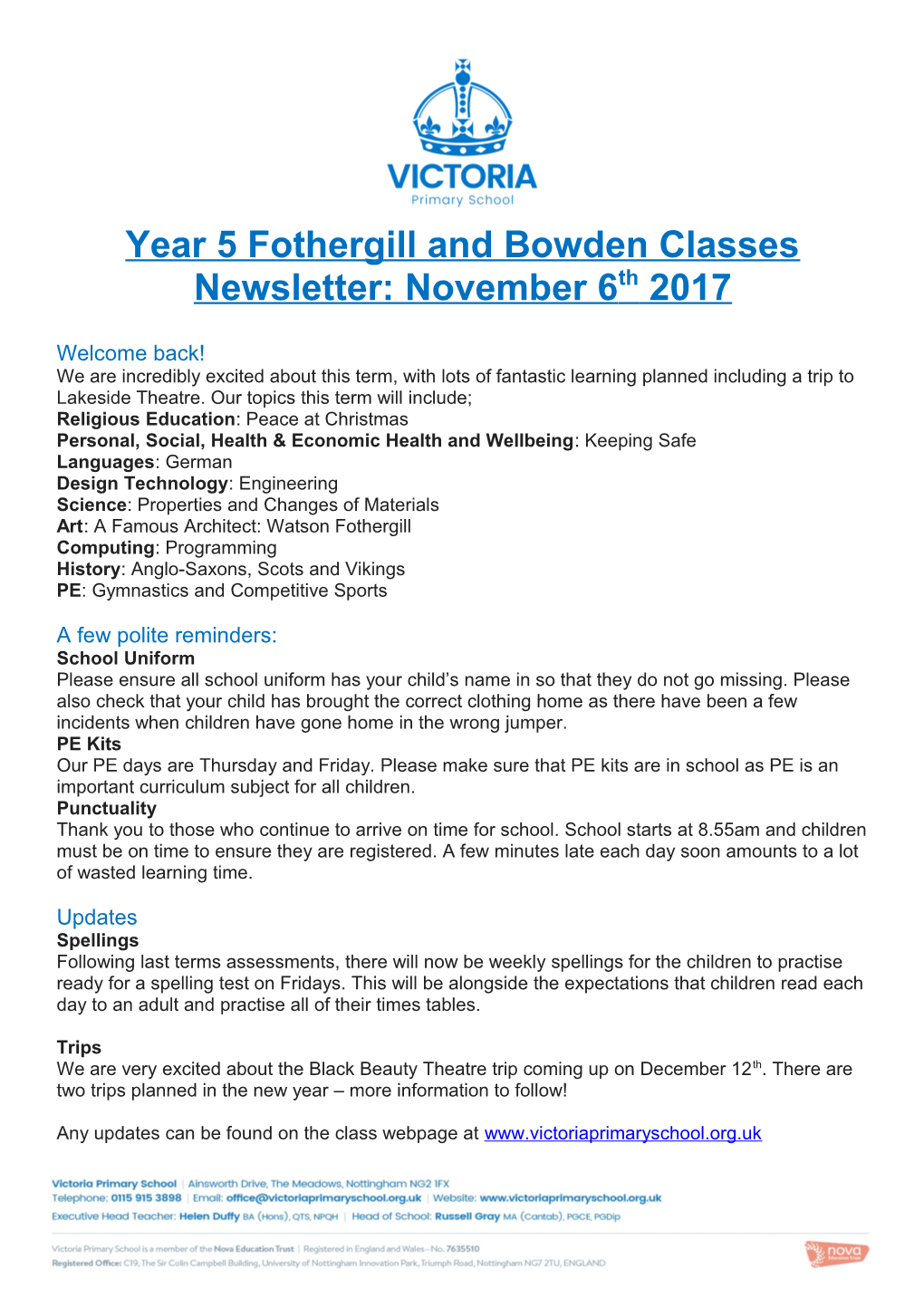 Year 5 Fothergill and Bowden Classes Newsletter: November 6Th 2017