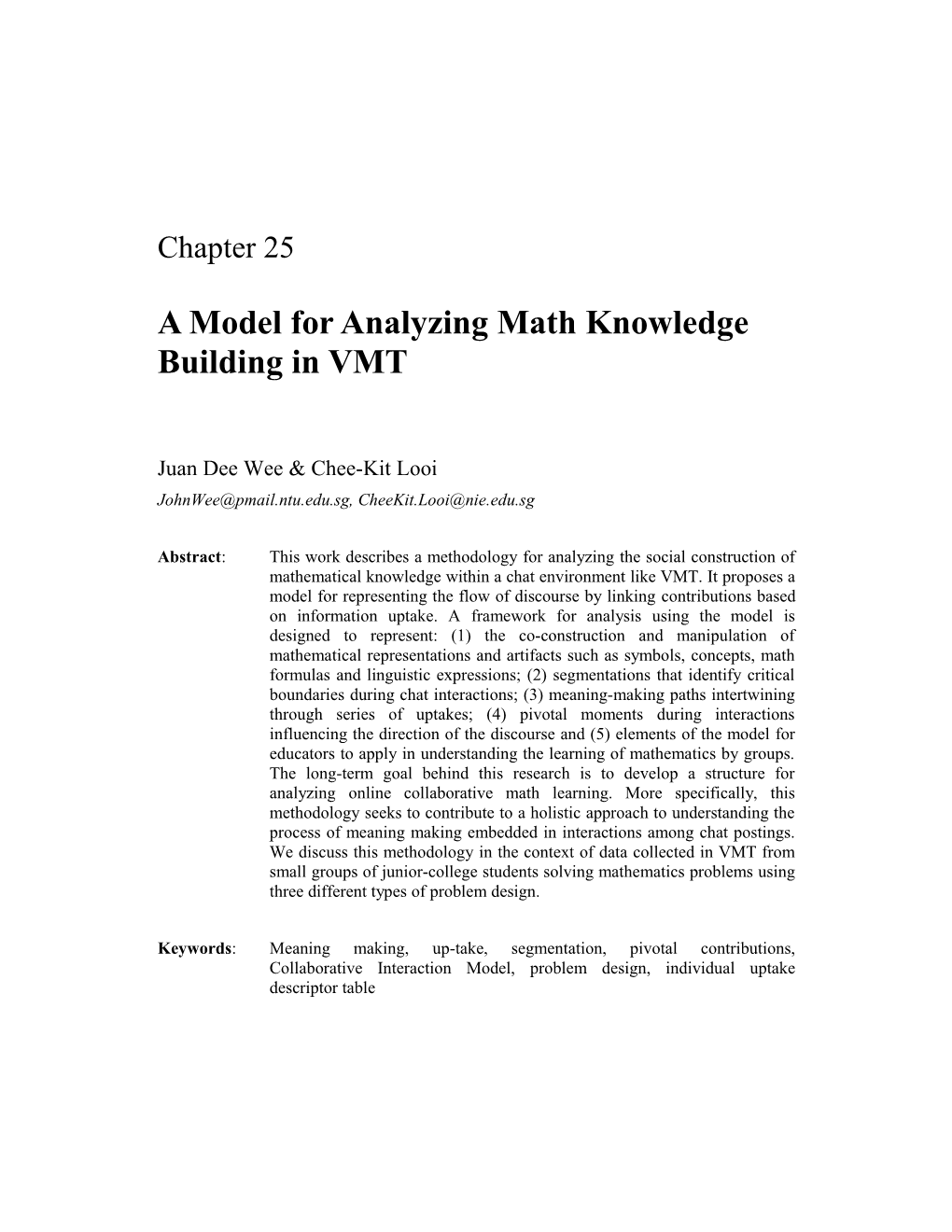 A Model for Analyzing Math Knowledge Building in VMT