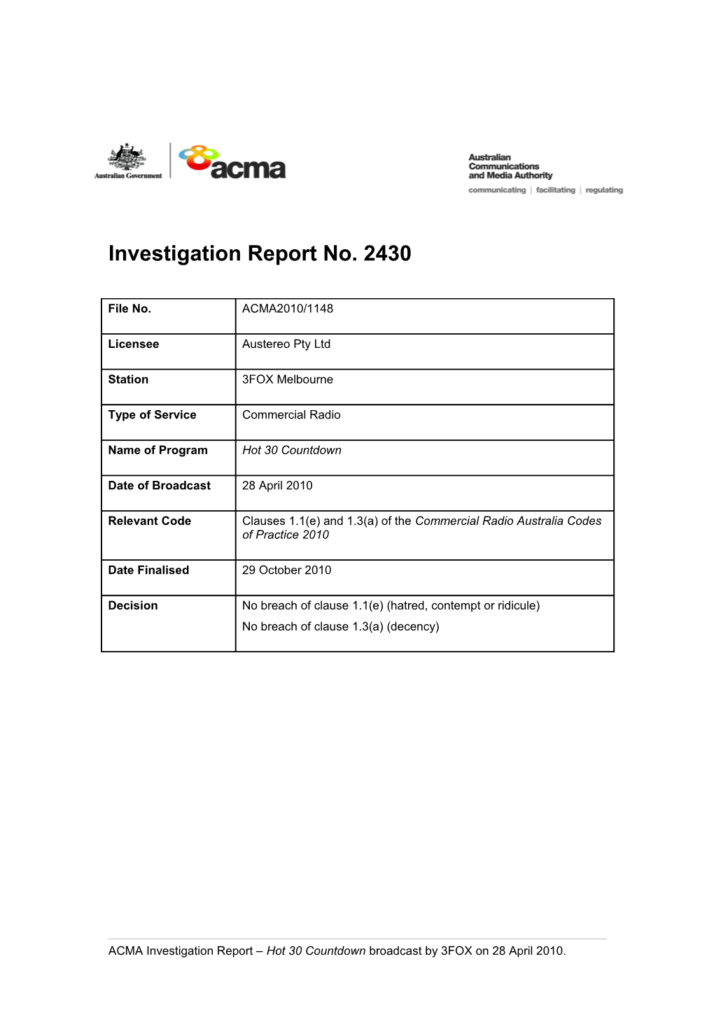 3FOC - ACMA Investigation Report 2430