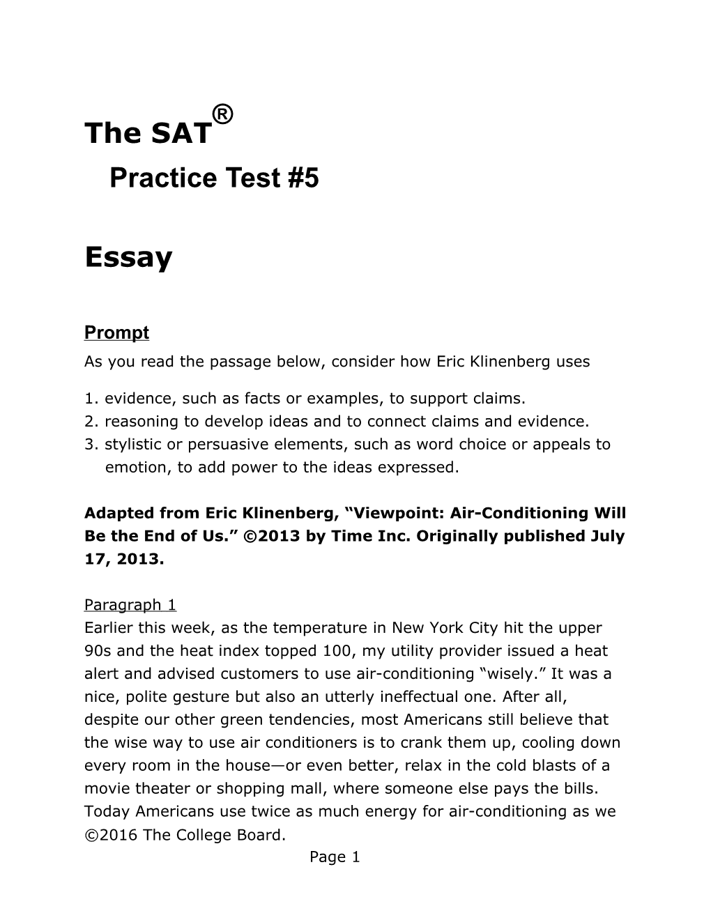 SAT Practice Test 5 Essay for Assistive Technology SAT Suite of Assessments the College Board