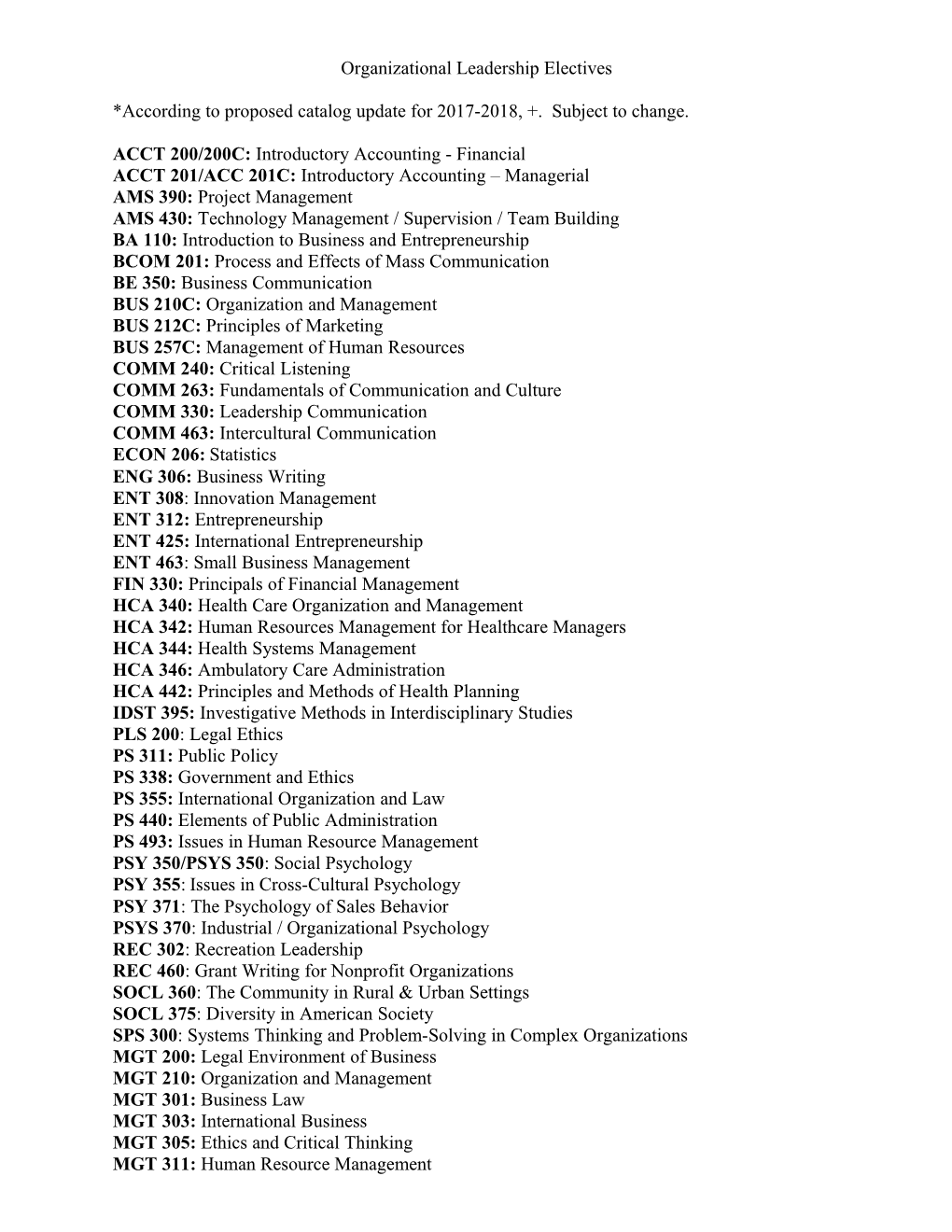 *According to Proposed Catalog Update for 2017-2018, +. Subject to Change