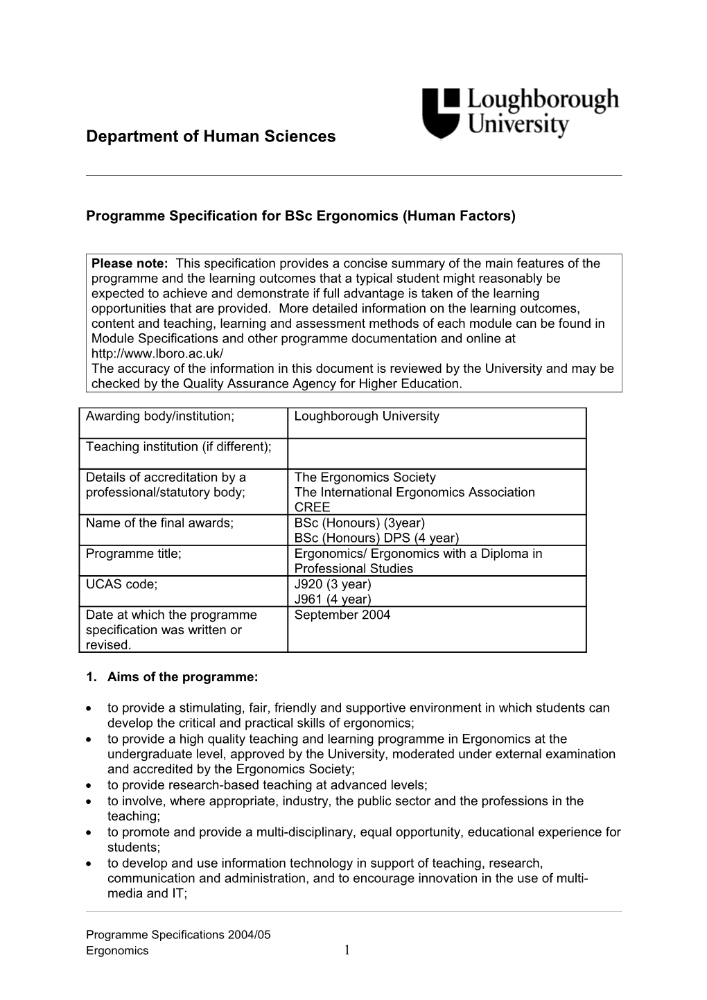 Programme Specification for Bsc Ergonomics (Human Factors)