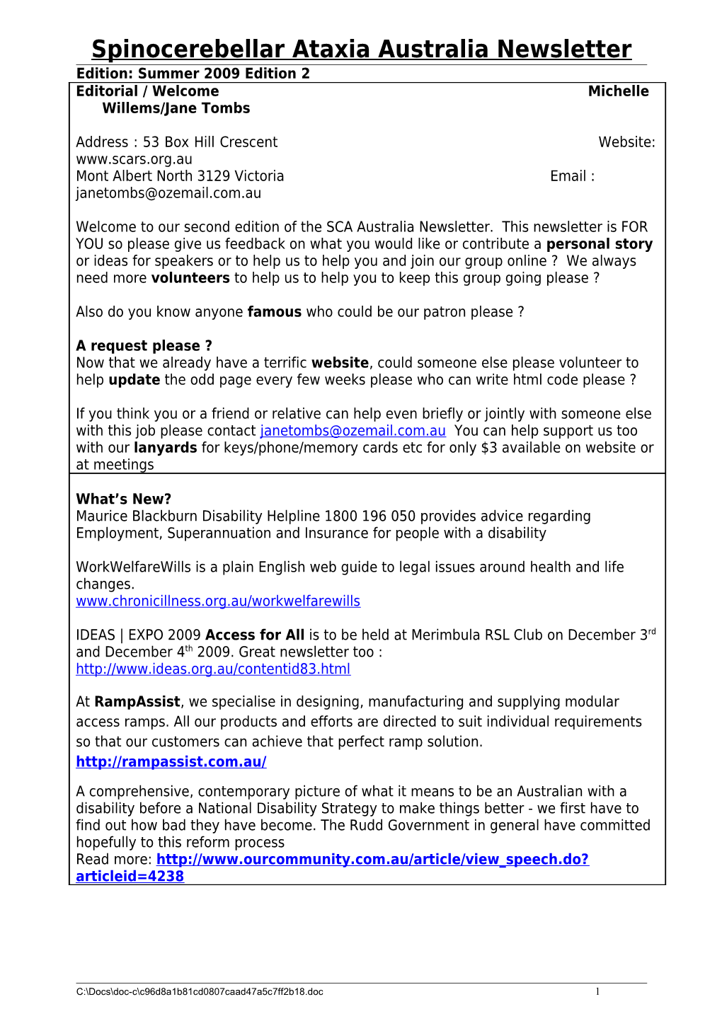 Accesscare Southern Newsletter Content Work Sheet
