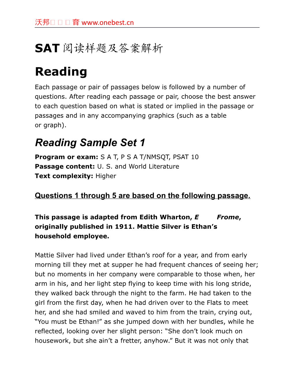 Reading Sample Set 1