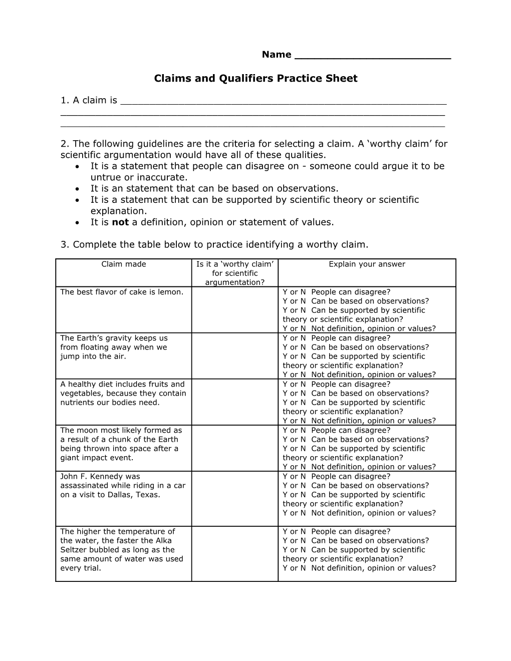 Claims and Qualifiers Practice Sheet