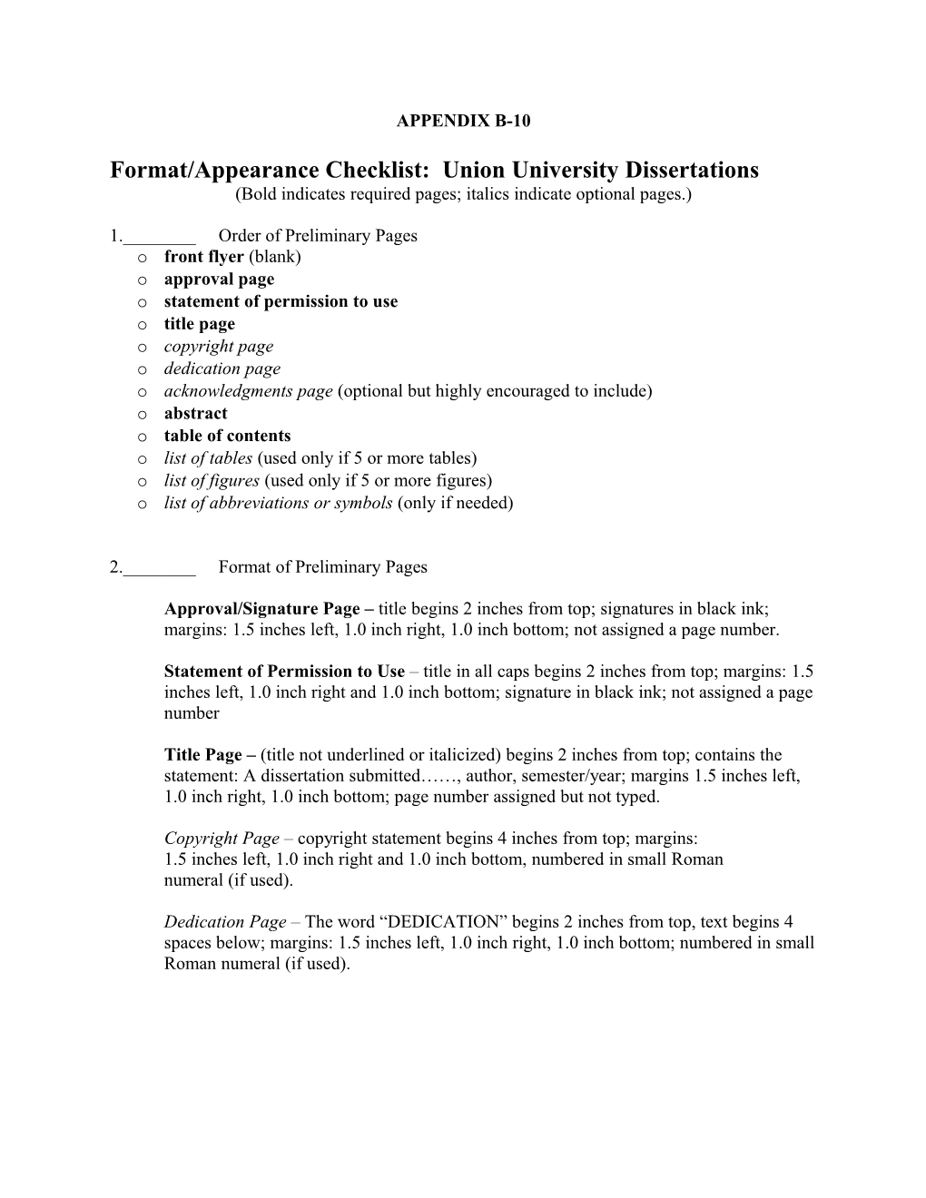 Format/Appearance Checklist: Union University Dissertations