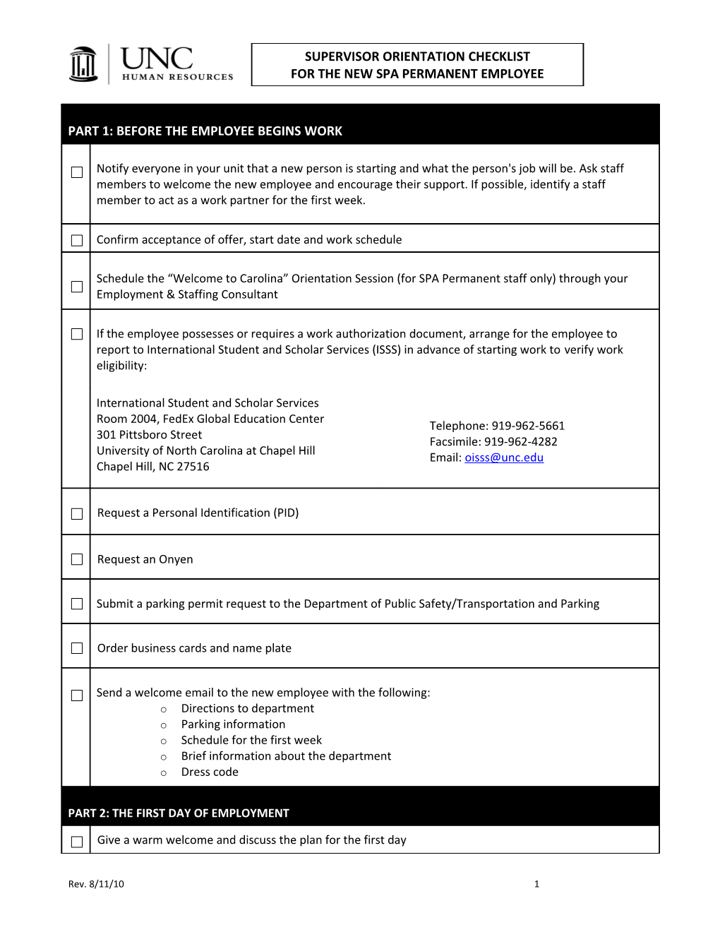 Orientation Checklist for Supervisors