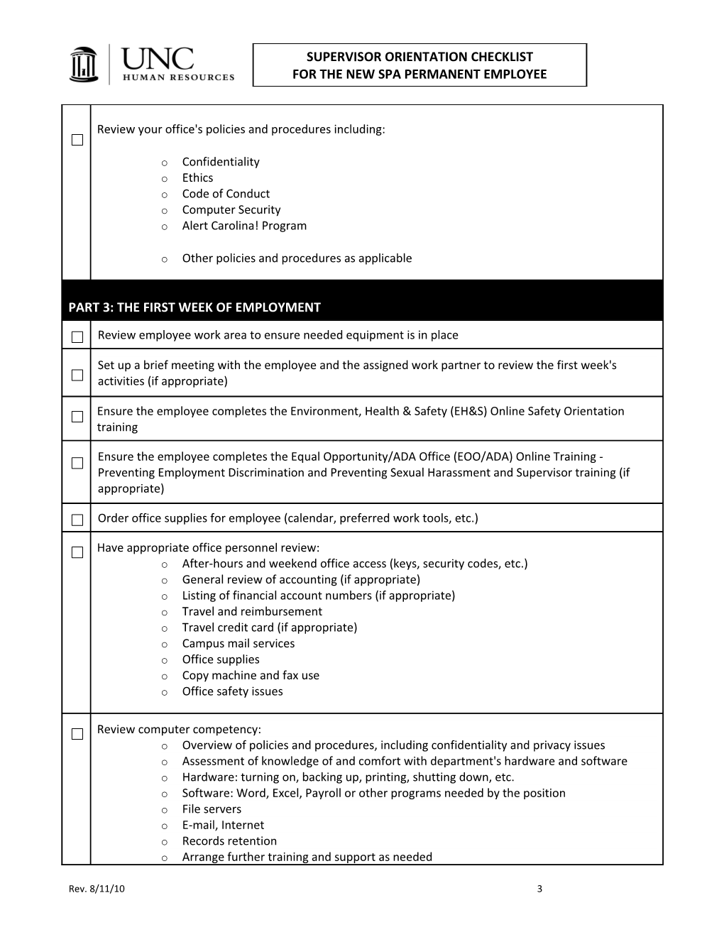Orientation Checklist for Supervisors