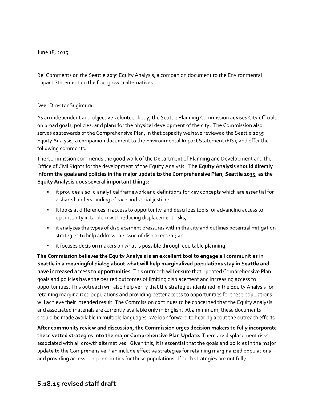 Re: Comments on the Seattle 2035 Equity Analysis, a Companion Document to the Environmental