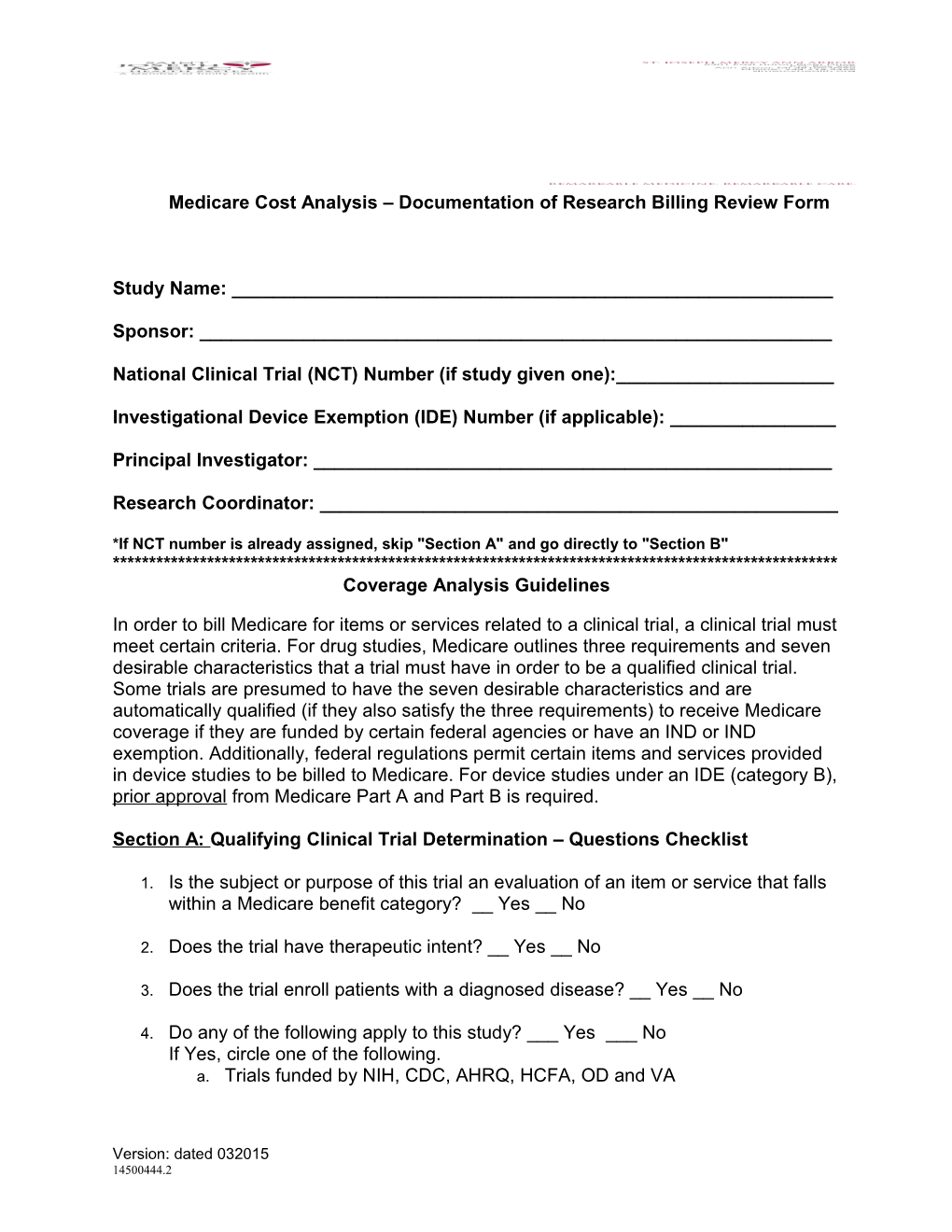 Medicare Cost Analysis Documentation of Research Billing Review Form