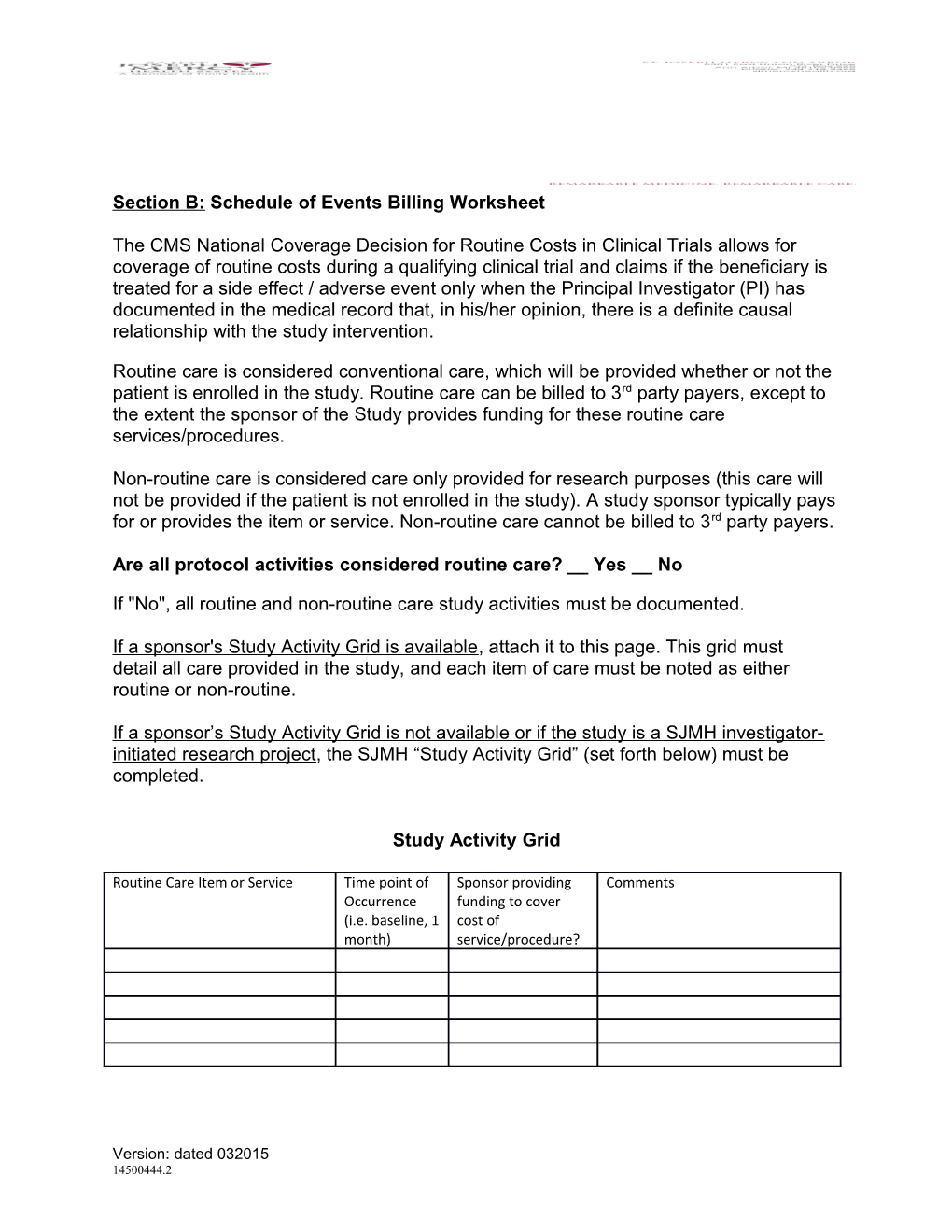 Medicare Cost Analysis Documentation of Research Billing Review Form