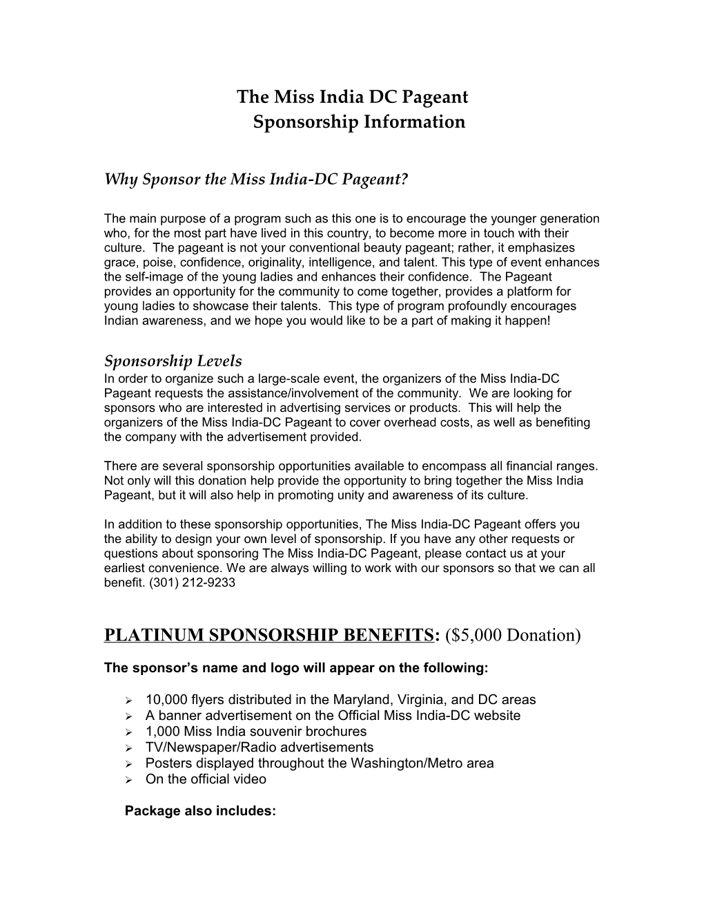 Miss India-DC Pageant Sponsorship Information