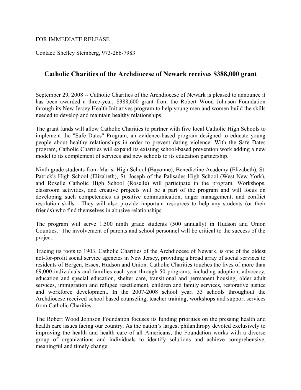 Catholic Charities of the Archdiocese of Newark Receives $388,000 Grant