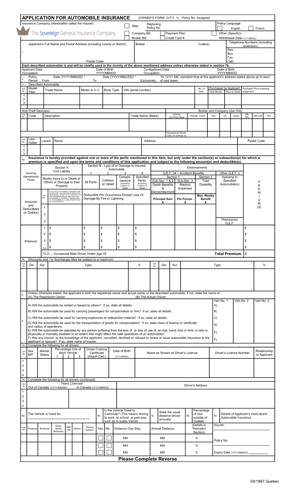 Application for Automobile Insurance