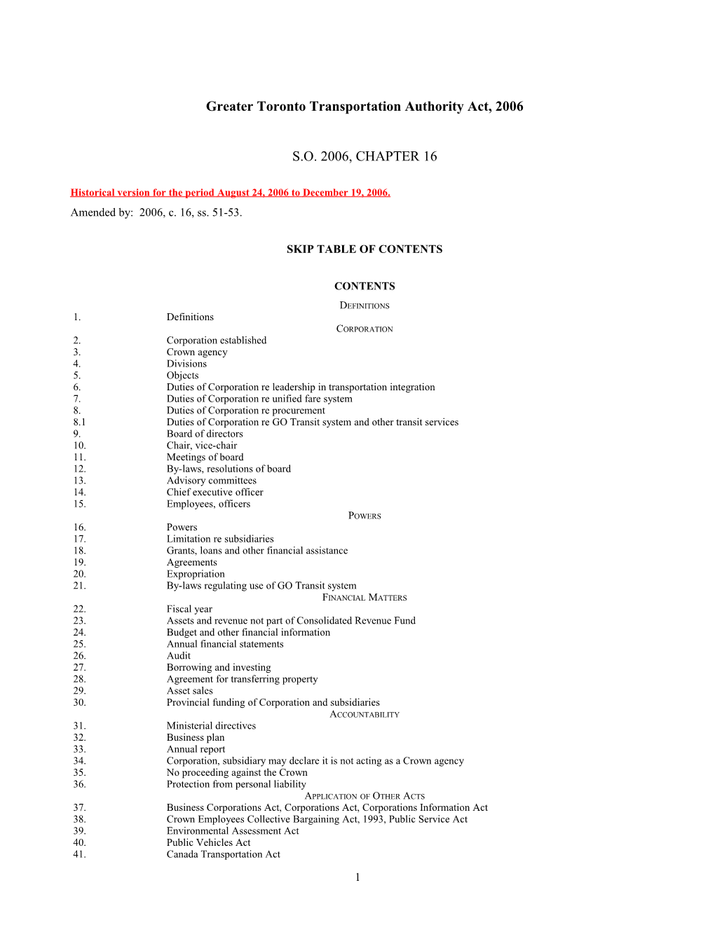 Greater Toronto Transportation Authority Act, 2006, S.O. 2006, C. 16
