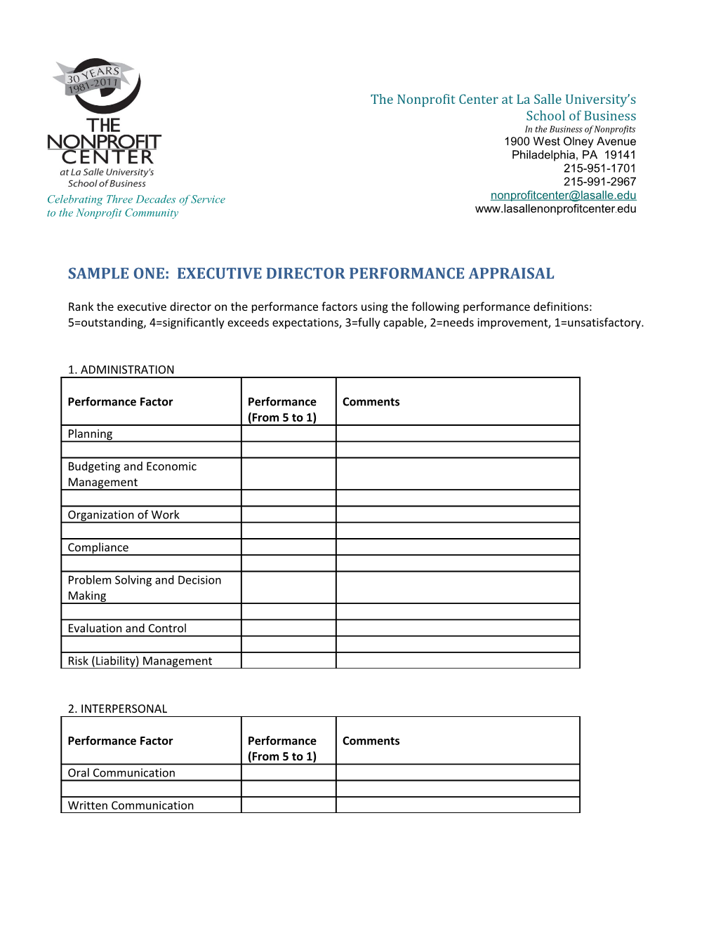 Sample One: Executive Director Performance Appraisal