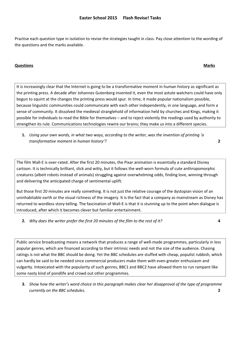 Easter School 2015Flashrevise! Tasks