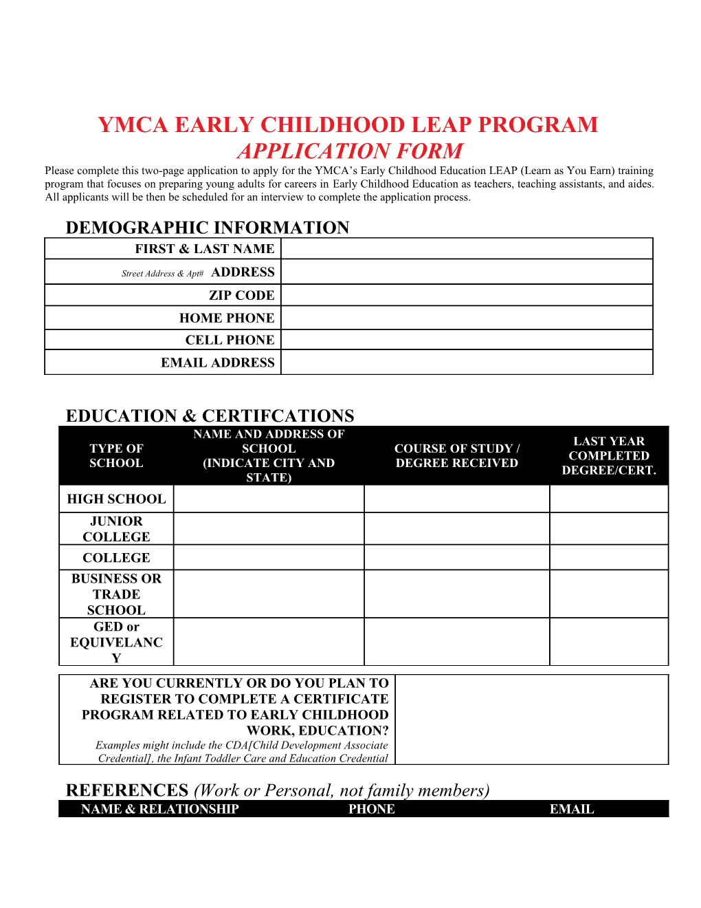 2010-11 Ymca Teen Programs - Registration Form
