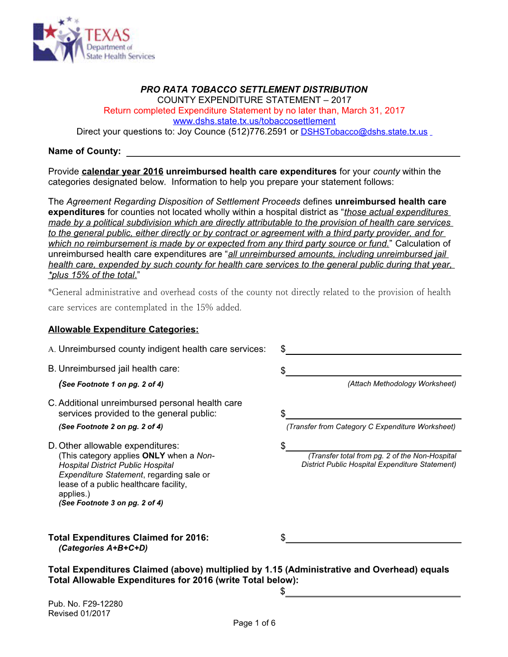 Pro Rata Tobacco Settlement Distribution County Expenditure Statement 2017