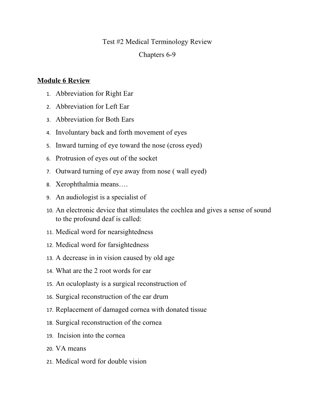 Test #2 Medical Terminology Review