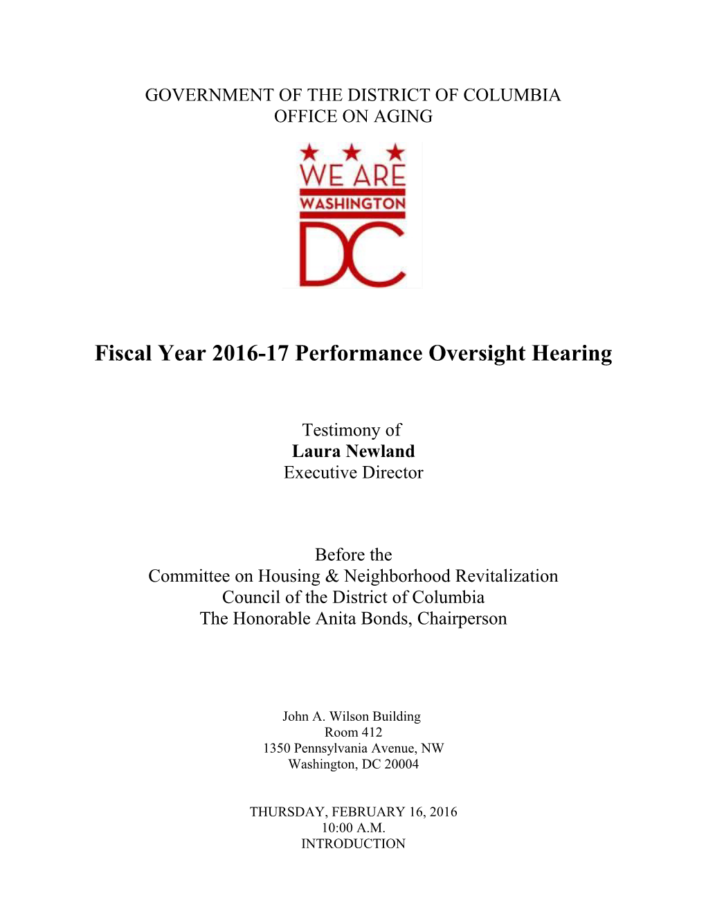 Fiscal Year 2016-17 Performance Oversight Hearing