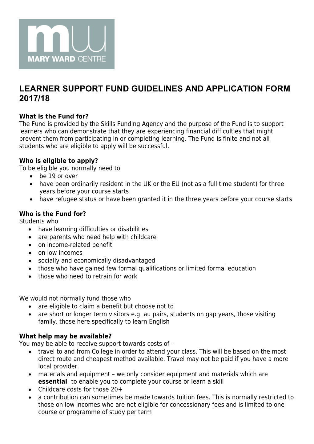 Learner Support Fund Guidelines and Application Form 2017/18