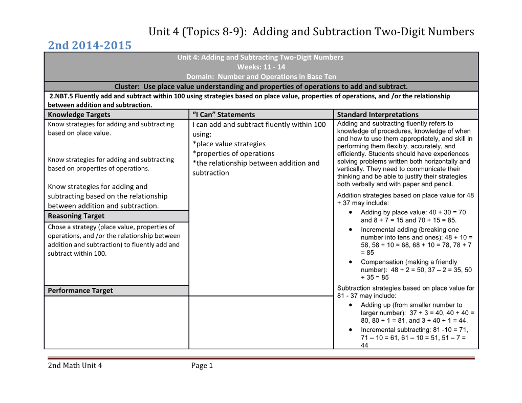 Unit 4 (Topics 8-9): Adding and Subtraction Two-Digit Numbers