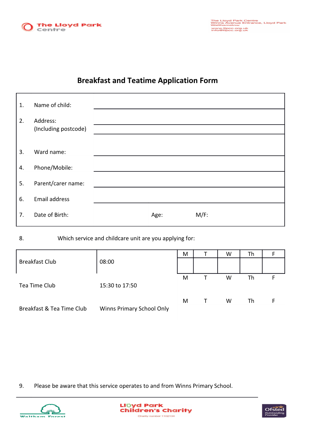 Breakfast and Teatime Application Form