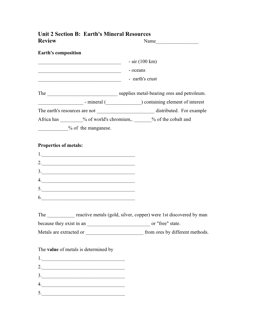 Unit 2 Section B: Earth's Mineral Resources