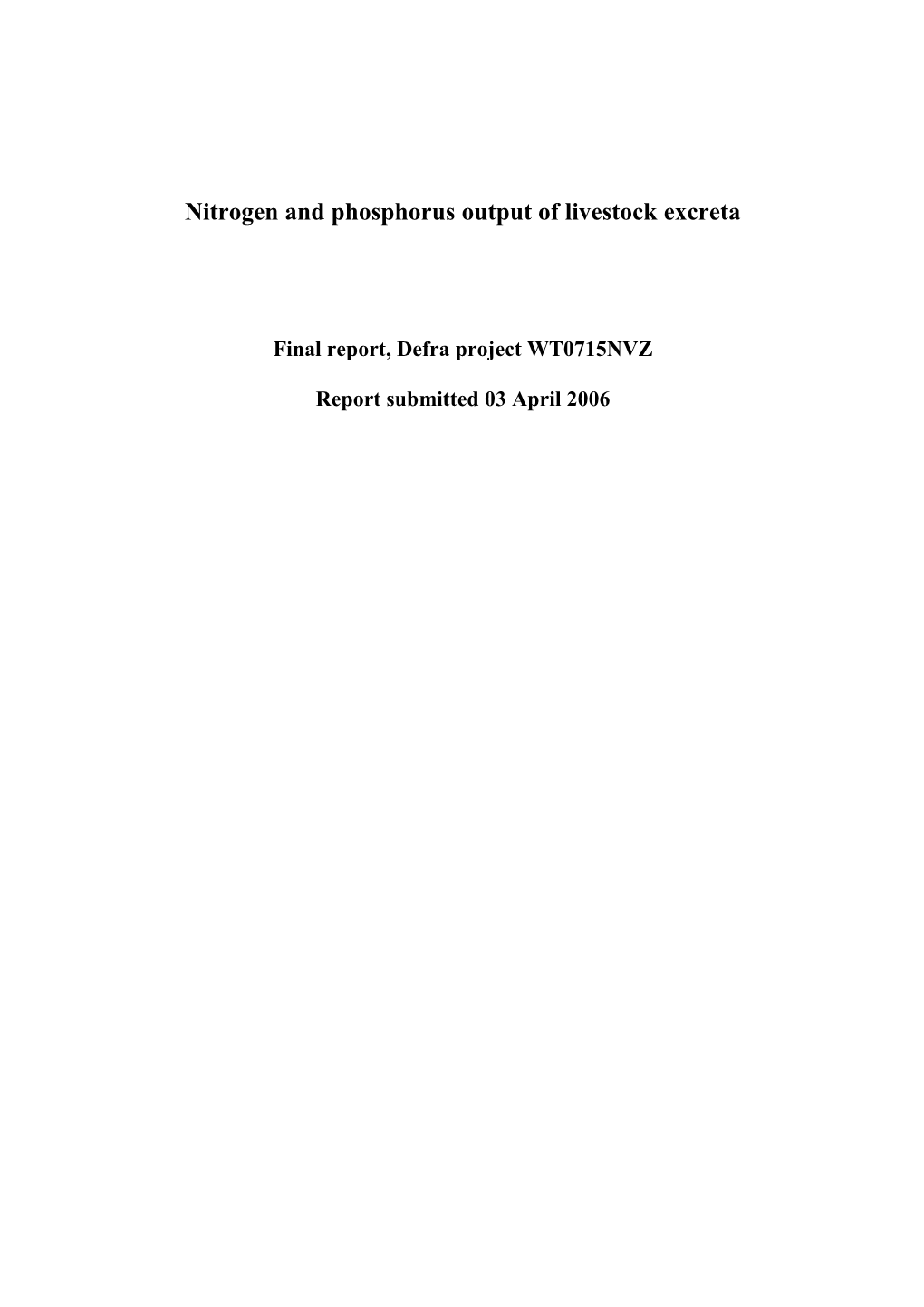 Nitrogen and Phosphorus Output of Livestock Excreta