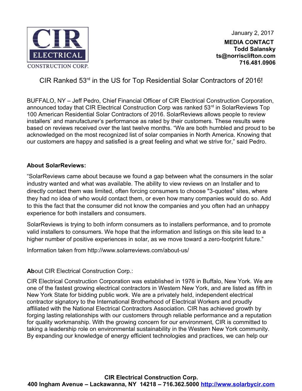 Cirranked 53Rd in the US for Top Residential Solar Contractors of 2016!