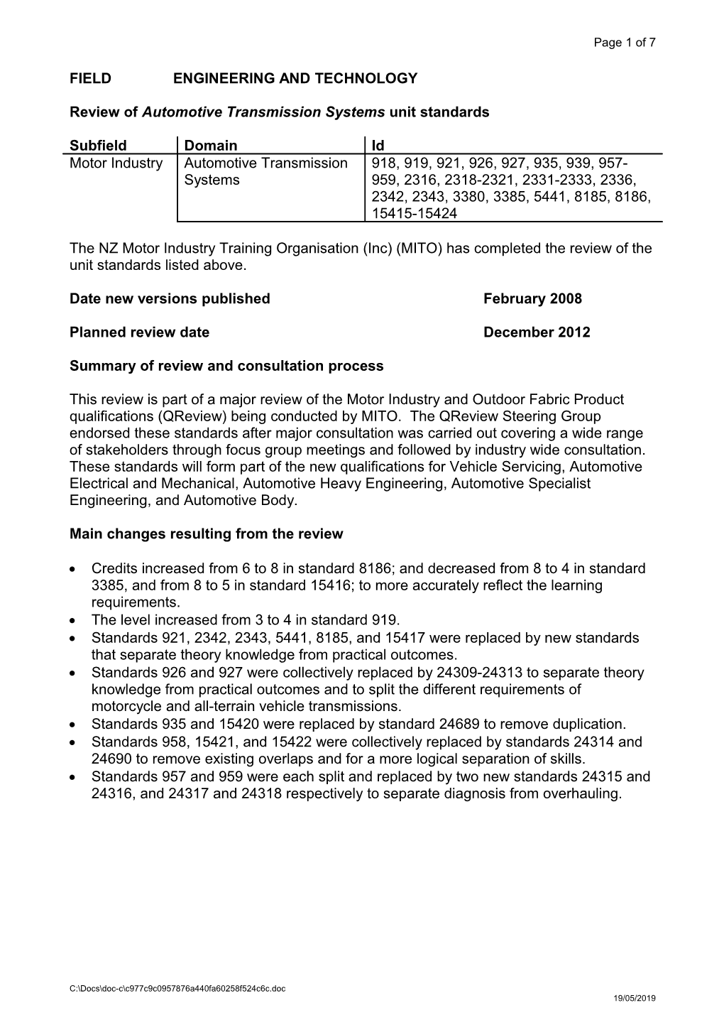 Review of Automotive Transmission Systems Unit Standards