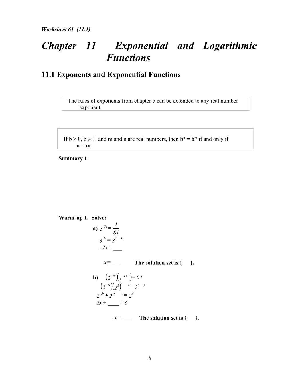 Chapter 11 Exponential and Logarithmic Functions