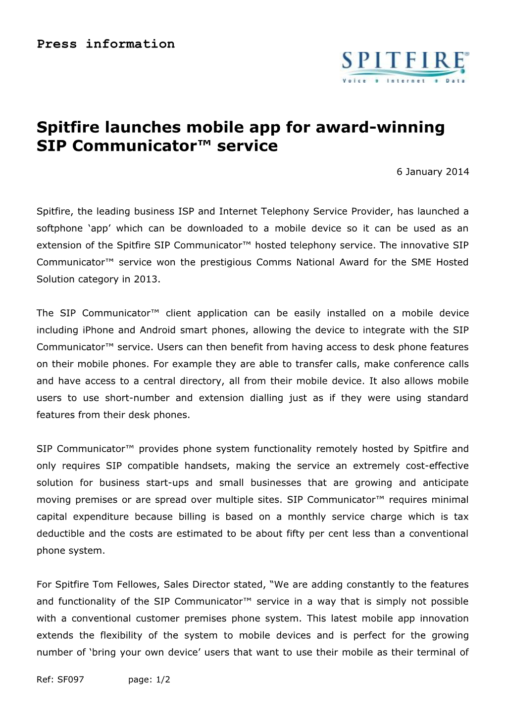 Spitfire Launches Mobile App for Award-Winning SIP Communicator Service