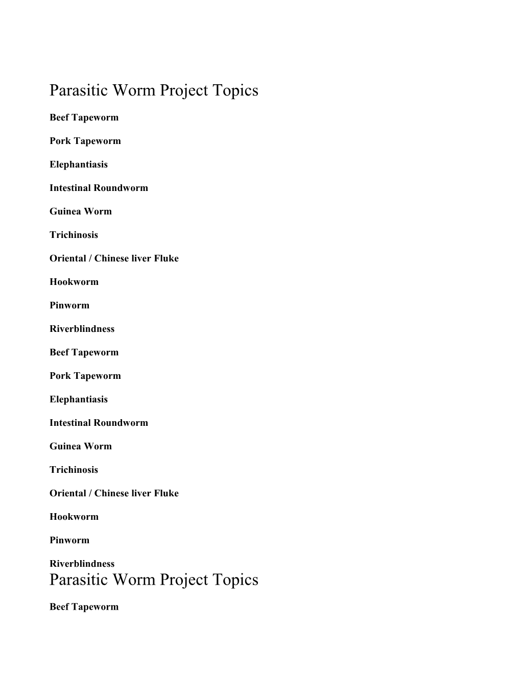 Parasitic Worm Project Topics