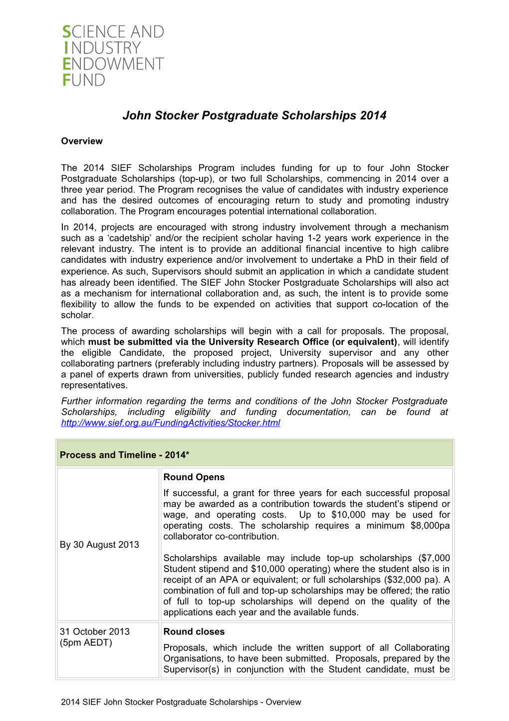 John Stocker Postgraduate Scholarships 2014